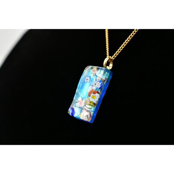 Artisan Handblown Glass Pendant Foil Blue Flower Rectangle Gold Tone Chain BinM - Picture 4 of 12